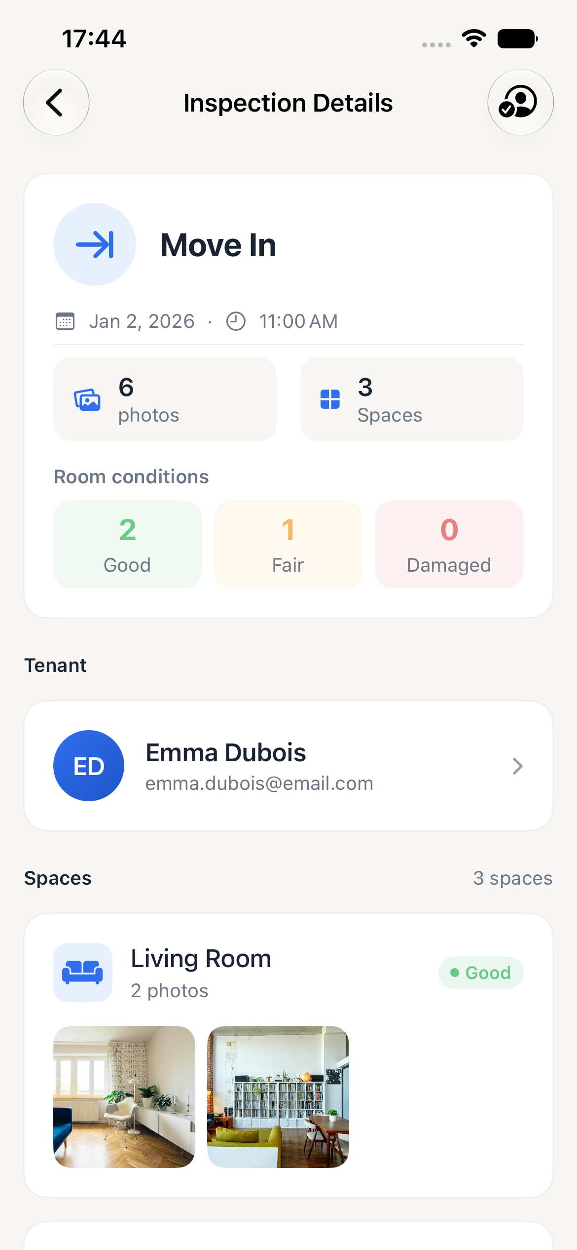 RentSmith property inspection detail with condition photos