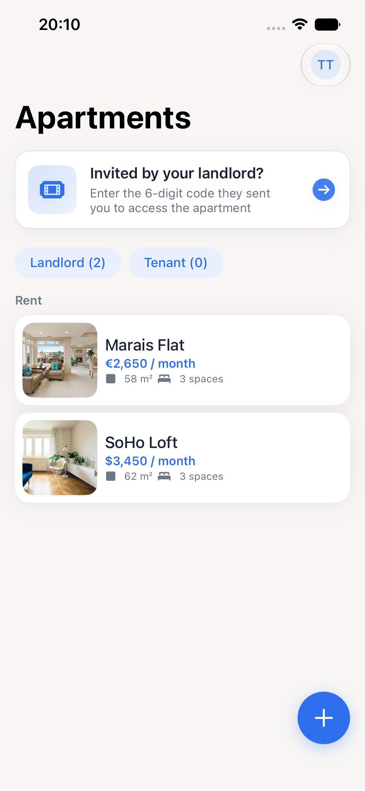 RentSmith home screen showing apartments and rental overview